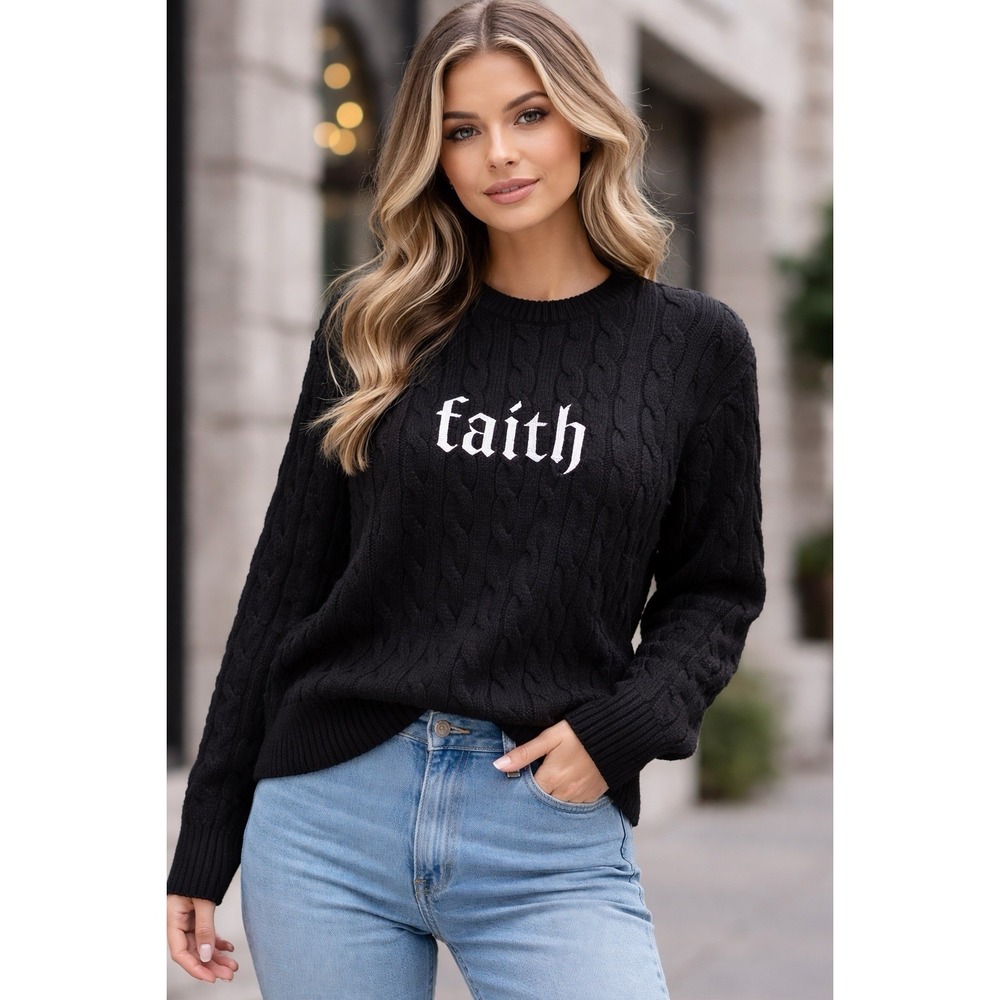 Urban Weekend Cable Knit Black Sweater Womens M Gothic Print Faith Streetwear